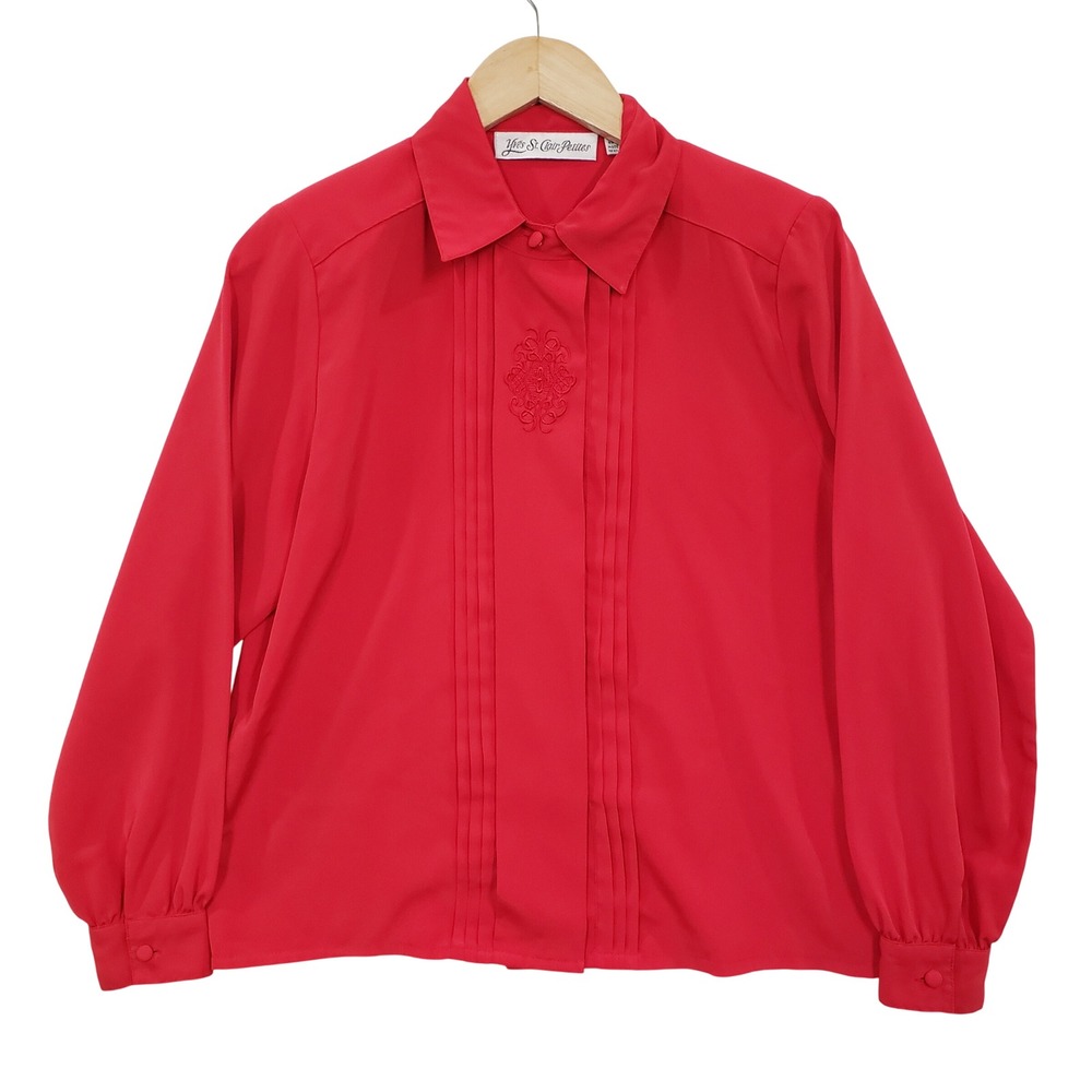 Yves St‎ Clair Blouse Womens 8 Red Pintuck Embroidered Vintage Long Sleeve Shirt